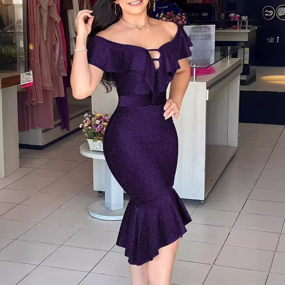 Damen figurbetontes Abendkleid mit Volant und Off-Shoulder Design EB