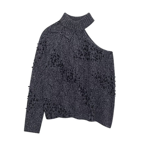 Damen Modischer Oversized Pullover mit asymmetrischem Kragen und strukturiertem Strick EB