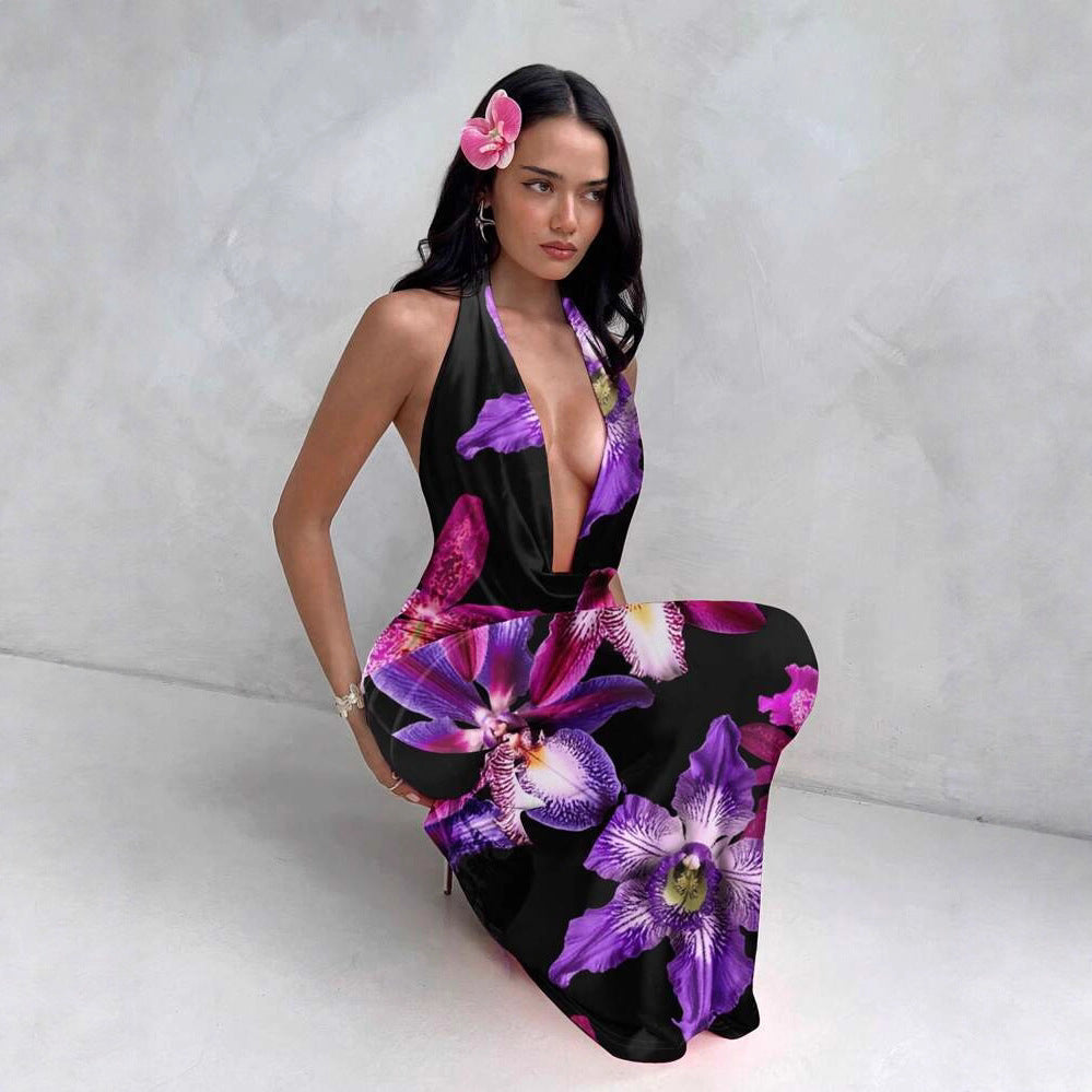 Damen ElegantesMaxikleid mit raffiniertem Blumendruck und tiefem V-Ausschnitt EB