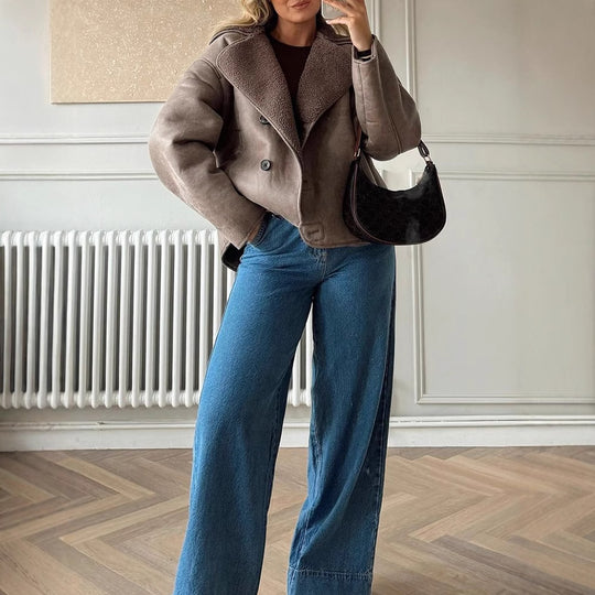 Damen Oversized Kunstlederjacke mit strukturiertem Futter und lässigem Schnitt EB