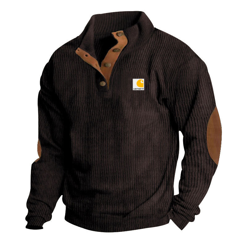 Herren nan Strickpullover im Troyer-Stil mit Stehkragen Lederbesatz Druckknopfleiste und Ellbogen-Patches EB