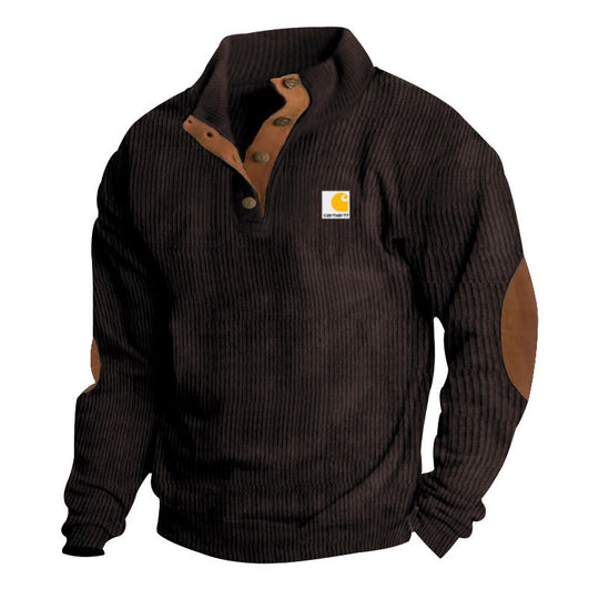 Herren nan Strickpullover im Troyer-Stil mit Stehkragen Lederbesatz Druckknopfleiste und Ellbogen-Patches EB