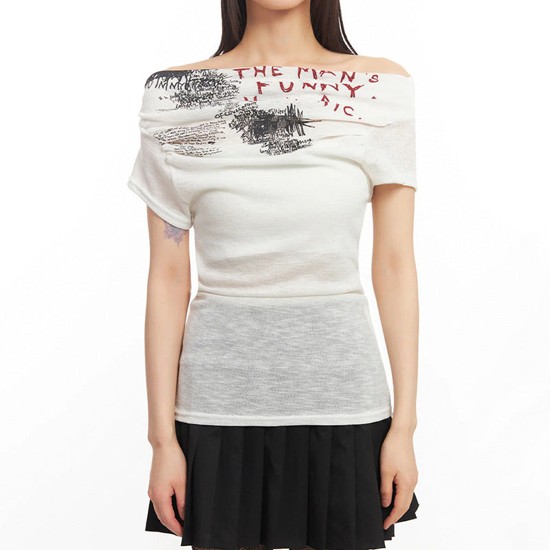 Damen Off-Shoulder T-Shirt mit künstlerischem Druck und figurbetontem Schnitt EB