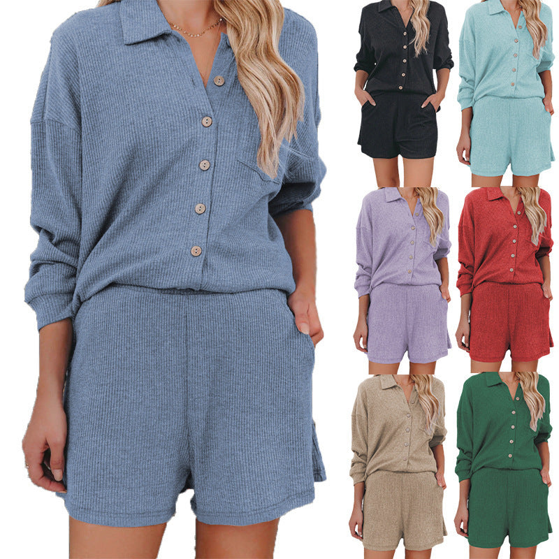 Damen Freizeitanzug mit lässiger Button-Down-Bluse und Shorts EB