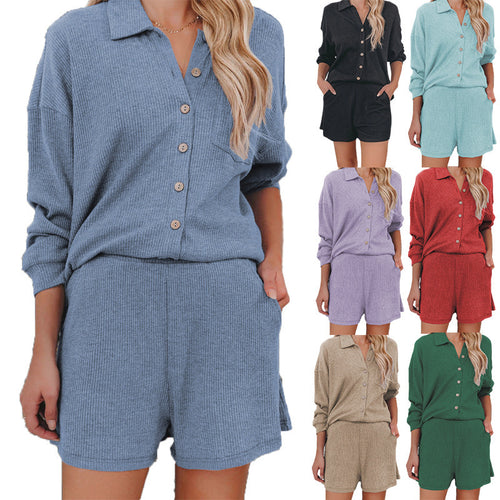 Damen Freizeitanzug mit lässiger Button-Down-Bluse und Shorts EB