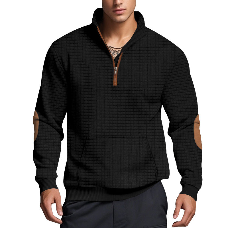 Herren nan gesteppter Halbzip Pullover mit Reißverschlusskragen und Kunstleder-Ellbogenpatches EB