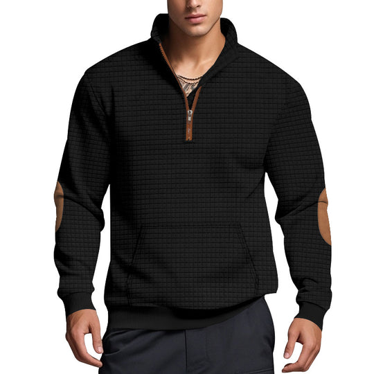 Herren nan gesteppter Halbzip Pullover mit Reißverschlusskragen und Kunstleder-Ellbogenpatches EB