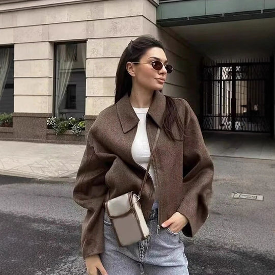 Damen lässige oversized Jacke mit Reißverschluss und schmalem Kragen EB
