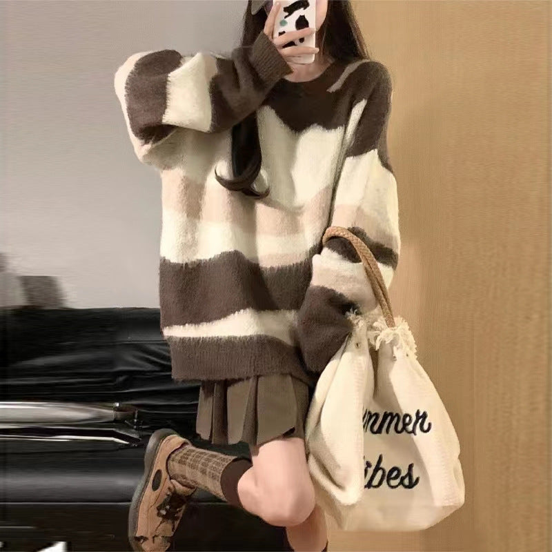 Damen Grobstrickpullover mit modischem Streifenmuster und lässigem Schnitt EB