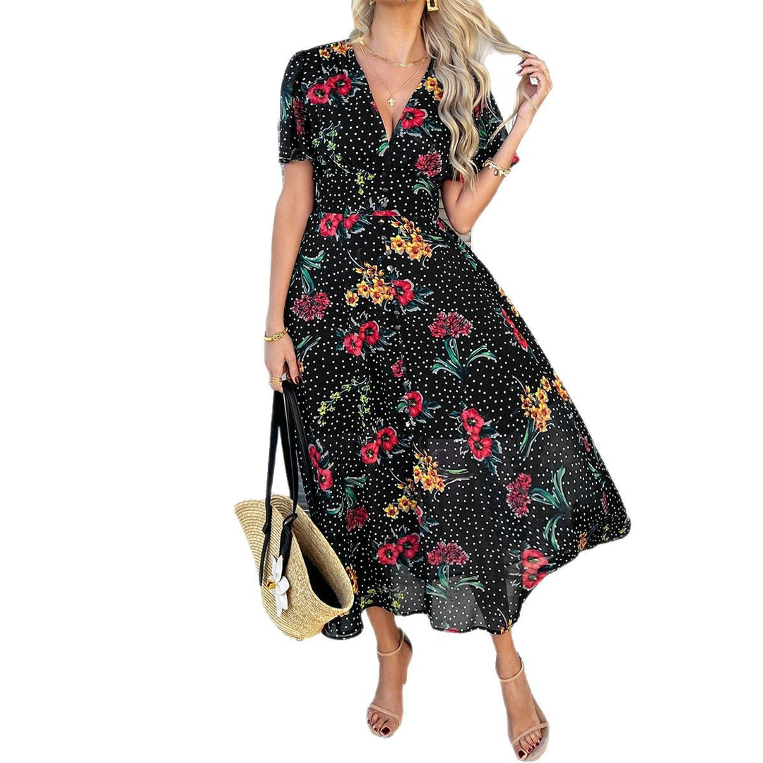 Damen Maxikleid mit floralem Muster und gepunktetem Design EB