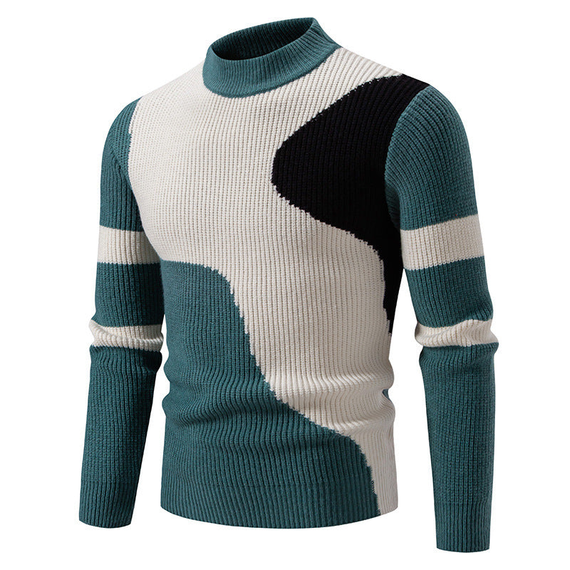 Herren nan gerippter Feinstrickpullover mit Stehkragen und kontrast-Blockdesign EB