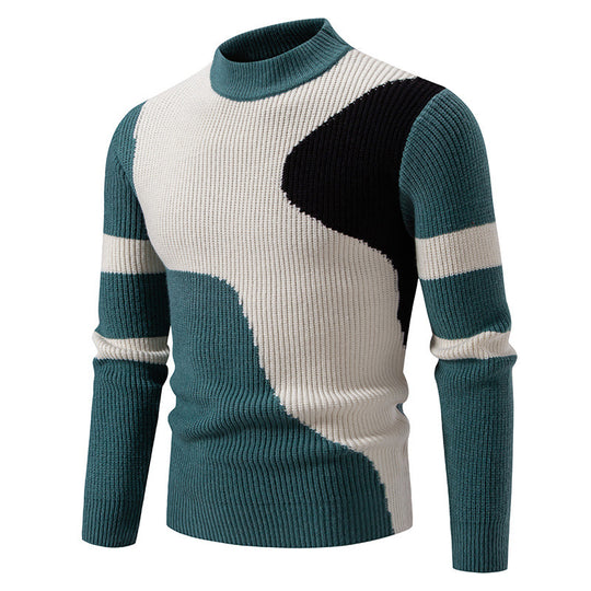 Herren nan gerippter Feinstrickpullover mit Stehkragen und kontrast-Blockdesign EB