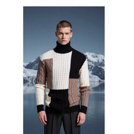 Herren modischer Strickpullover mit strukturiertem Zopfmuster und Stehkragen EB