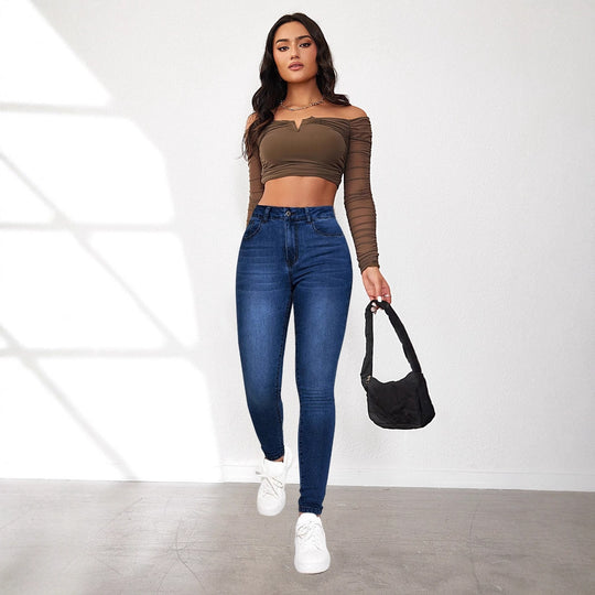 Damen High-Waist Skinny Jeans mit angedeuteten Taschen und elastischem Bund EB