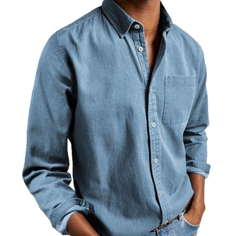 Herren nan leichter Denimhemd mit Kentkragen Brusttasche und regulärer Passform EB