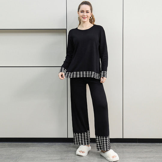 Damen stilvolles Strick-Loungewear-Set mit dekorativen Kontrastabschlüssen EB