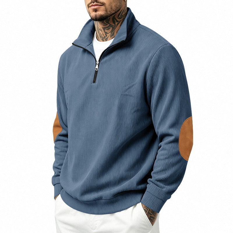 Herren nan Halbzip-Sweatshirt mit Stehkragen, feiner Waffelstruktur und Lederoptik-Ellenbogenpatchs EB