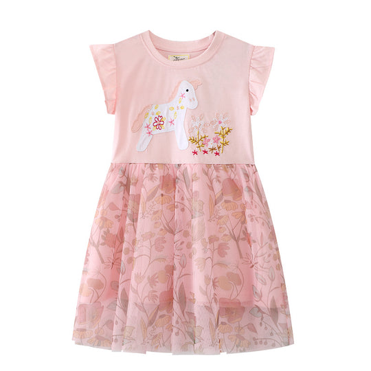 Mädchen Tüllkleid mit floralem Design und zauberhaften Hasenapplikationen EB