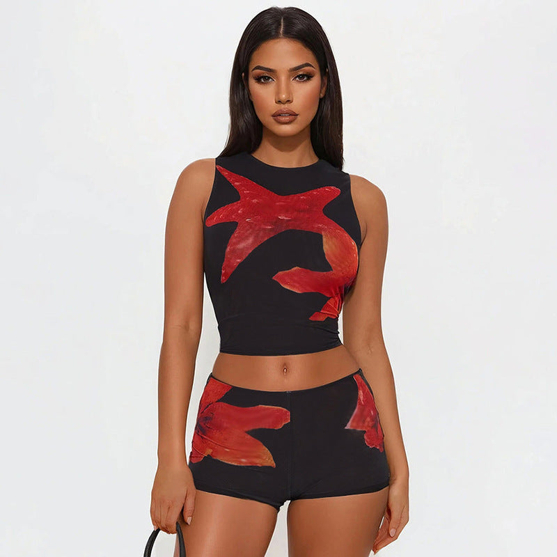 Damen Sportliches Crop-Top und kurze Hose Set EB