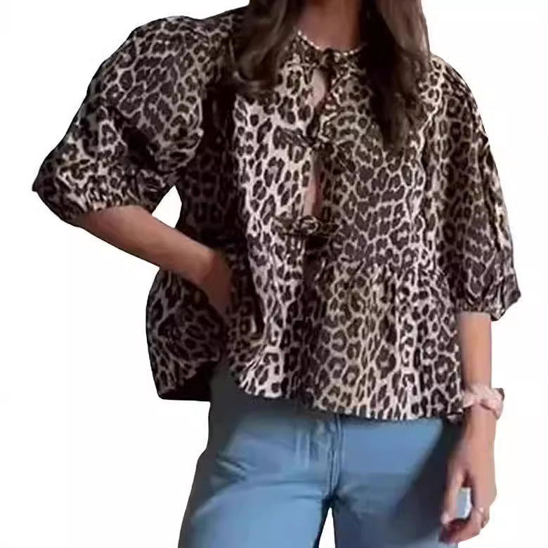 Damen Bluse mit voluminösen Ärmeln und modischem Leopardenmuster EB