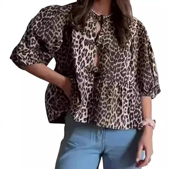 Damen Bluse mit voluminösen Ärmeln und modischem Leopardenmuster EB