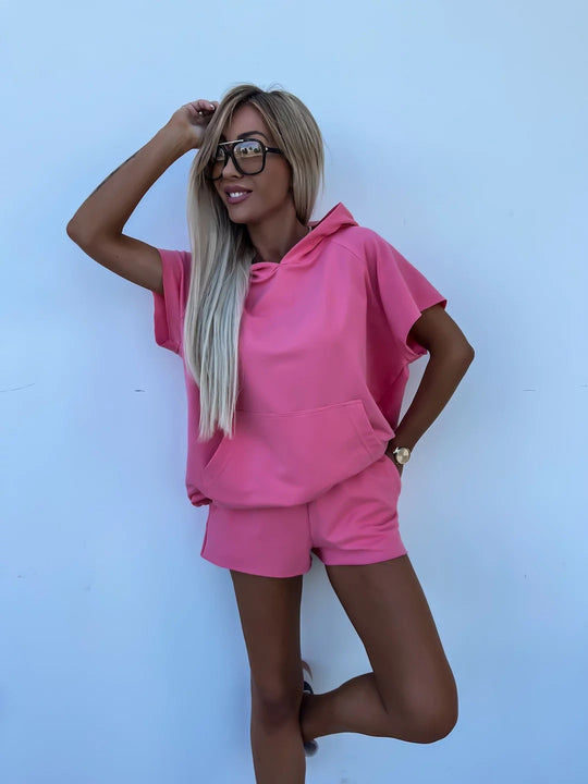 Damen lässiges Shorts- und Kurzarm-Hoodie Set aus atmungsaktivem Material EB