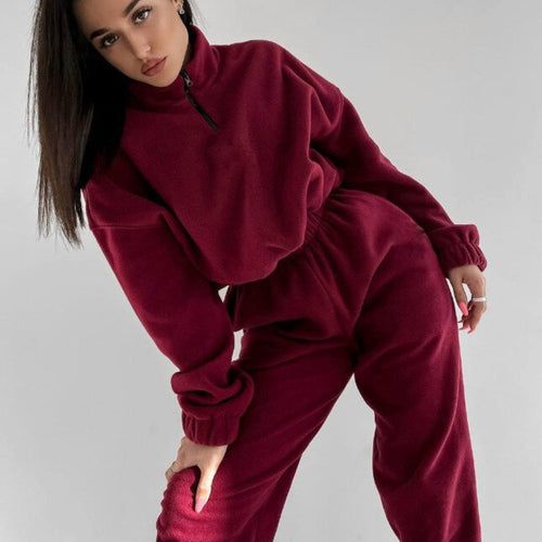Damen bequeme Fleece-Loungejacke mit verkürztem Reißverschluss und elastischem Bund EB