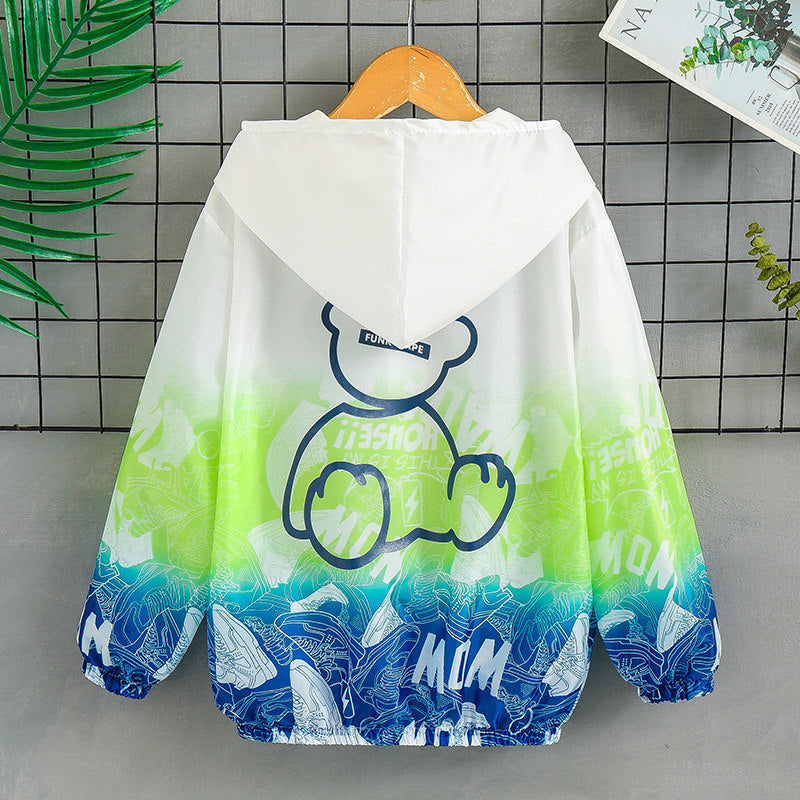 Unisex nan leichte Kapuzenjacke mit Comic-Bären-Print, Windbreaker-Stoff und elastischem Saum  EB