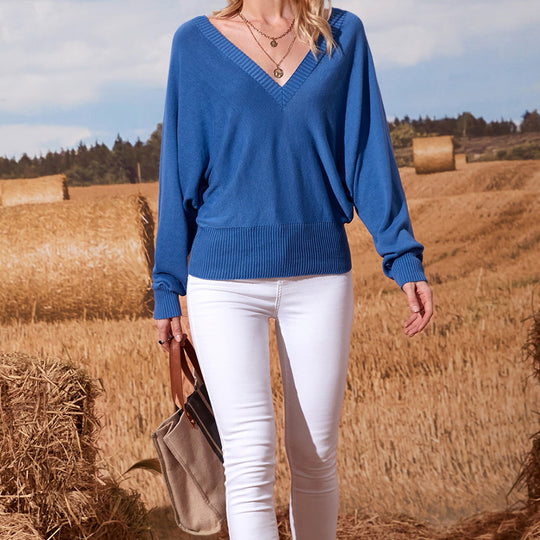 Damen V-Ausschnitt Strickpullover mit weitem Schnitt und gekräuselten Ärmeln EB