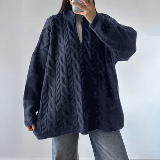 Damen nan oversized Zopfmuster-Troyer mit halbem Reißverschluss, hohem Stehkragen und gerundetem Saum EB