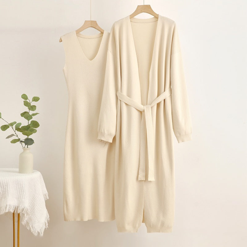 Damen 2-teiliges Kleid und Cardigan-Set mit V-Ausschnitt EB