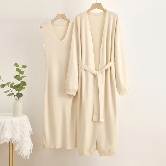 Damen 2-teiliges Kleid und Cardigan-Set mit V-Ausschnitt EB