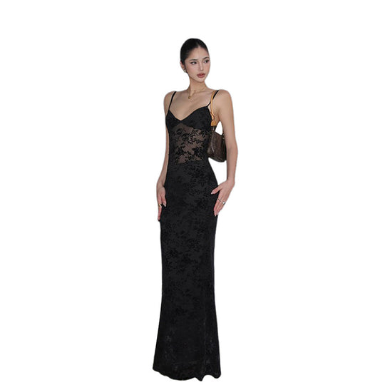 Damen Elegantes Spitzen-Maxi-Kleid mit Spaghetti-Trägern und transparenter Optik EB