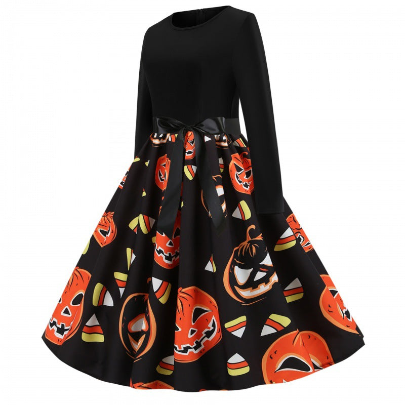 Damen Retro Swing-Kleid mit Halloween Kürbisprint und Taillenschleife EB