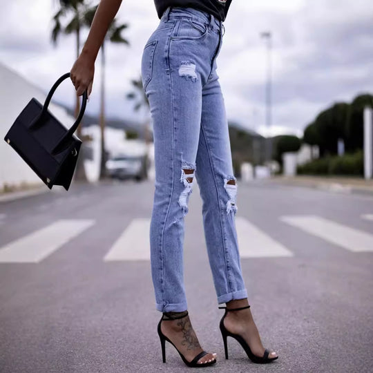 Damen Destroyed Jeans im High-Waist-Stil EB