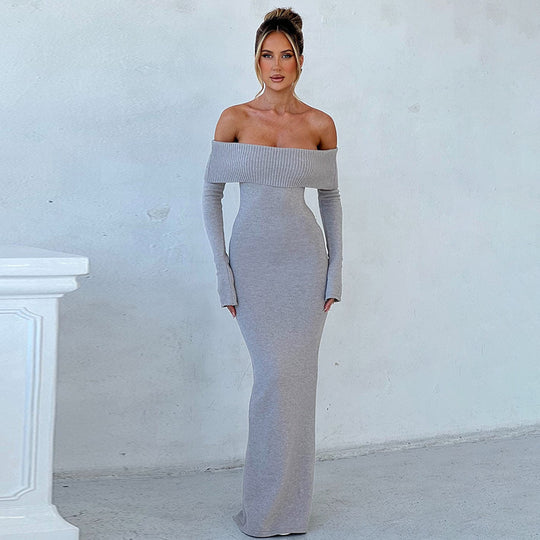 Damen schulterfreies Maxikleid mit langem Arm und elegantem Schnitt EB