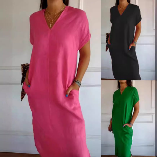 Damen luftiges Leinenkleid mit praktischen Seitentaschen EB