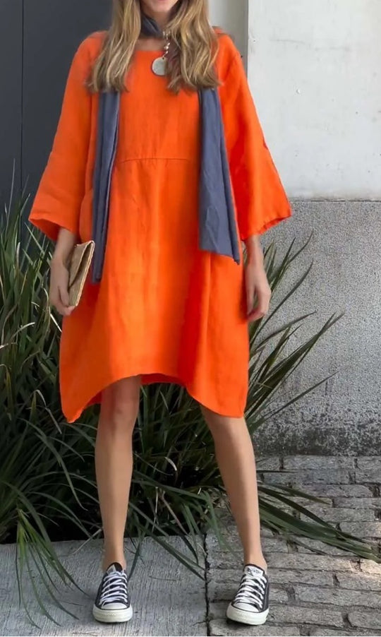 Damen lässiges Leinenkleid mit praktischen Taschen und asymmetrischem Saum EB