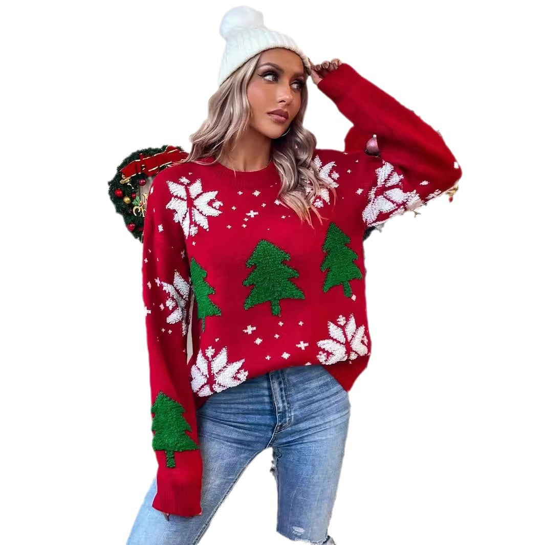 Damen Strickpullover mit festlichem Weihnachtsmotiv und aufgearbeitetem Design EB
