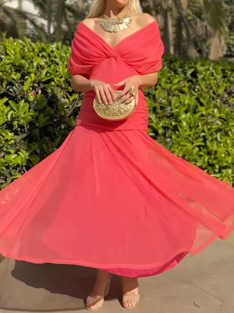 Damen nan fließendes Abendkleid mit transparentem Chiffon-Capelet, V-Ausschnitt und taillierter Drapierung EB