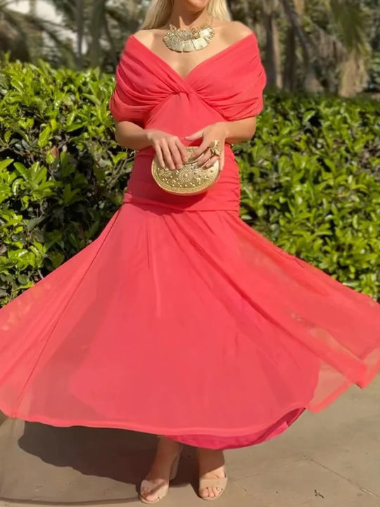 Damen nan fließendes Abendkleid mit transparentem Chiffon-Capelet, V-Ausschnitt und taillierter Drapierung EB