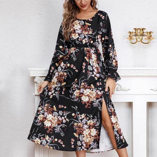 Damen Maxikleid mit floralem Design und hochgeschlitztem Saum EB