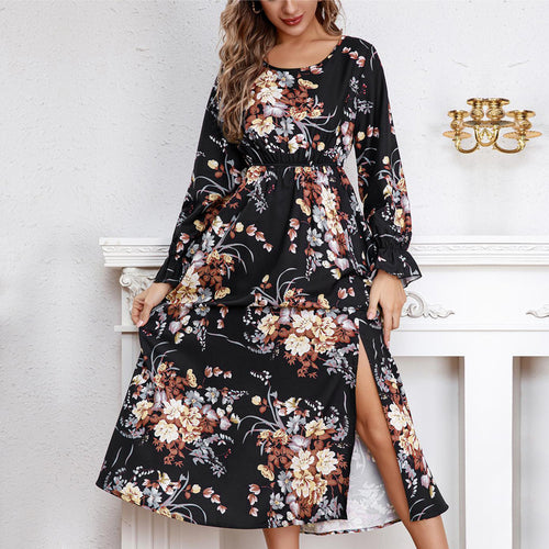 Damen Maxikleid mit floralem Design und hochgeschlitztem Saum EB