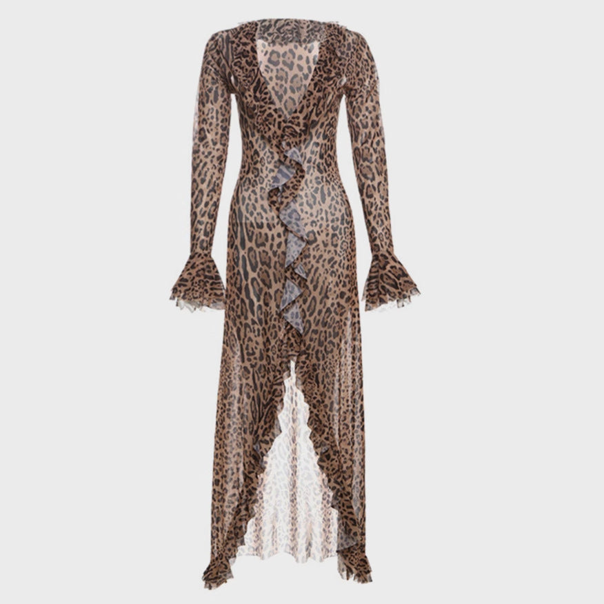 Damen Maxikleid mit Leopardenprint und gerafften Ärmeln EB