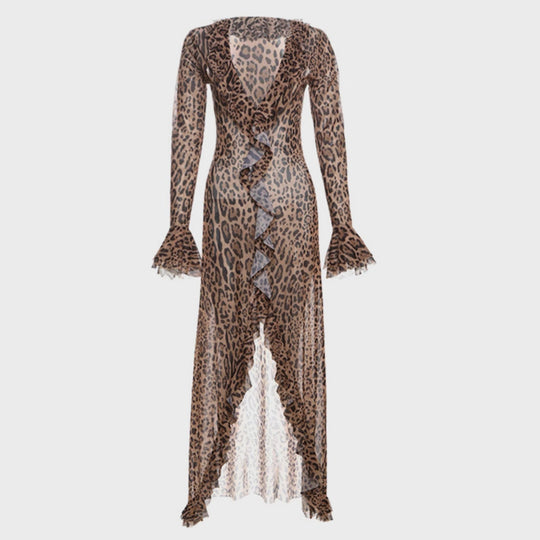 Damen Maxikleid mit Leopardenprint und gerafften Ärmeln EB