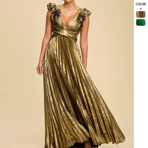 Damen Glamouröses Plissee-Maxikleid mit tiefem V-Ausschnitt und Puffärmeln EB