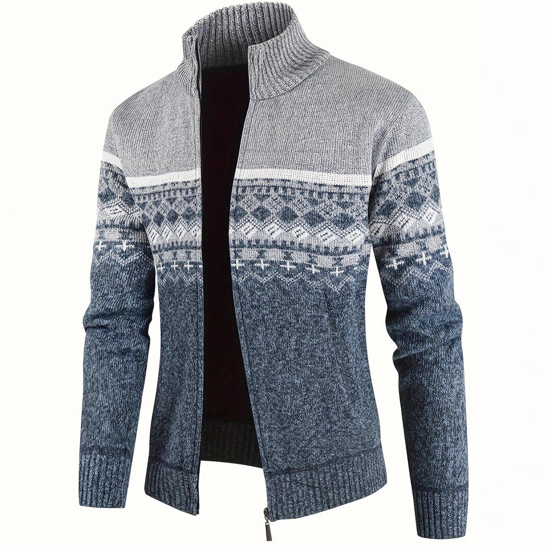 Herren Thermo-Strickjacke mit Stehkragen und Reißverschluss Norwegerstrick Fleece-gefüttert EB