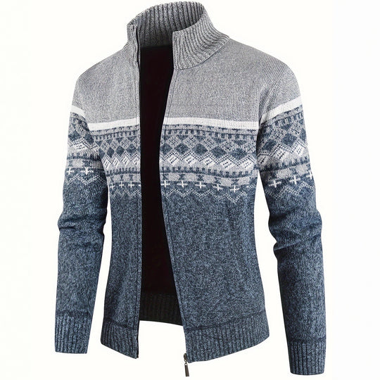 Herren Thermo-Strickjacke mit Stehkragen und Reißverschluss Norwegerstrick Fleece-gefüttert EB