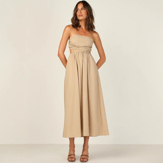 Damen Strapless Maxikleid mit seitlichem Cut-Out und praktischem Taschen-Design EB