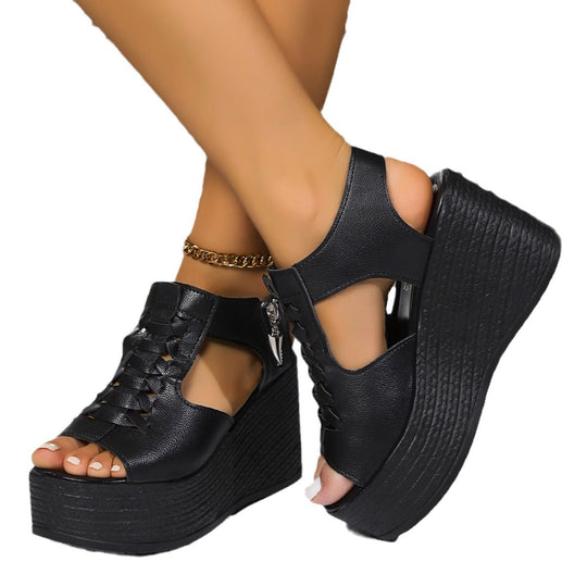 Damen Plateau-Sandalen mit elastischen Schnürungen und Reißverschluss EB